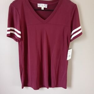 Pink Republic Maroon V-Neck Tee with White Stripes
